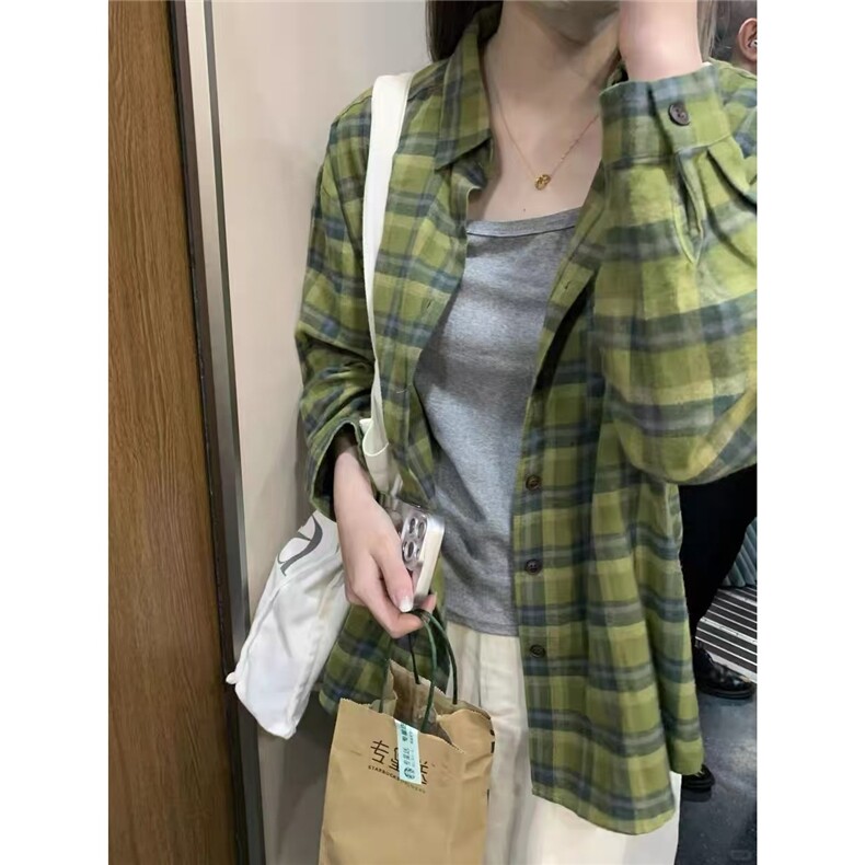 秋冬款韩系甜美绿色格子衬衫女小众设计感宽松休闲长袖衬衣外套潮,男装衬衫,星座506A