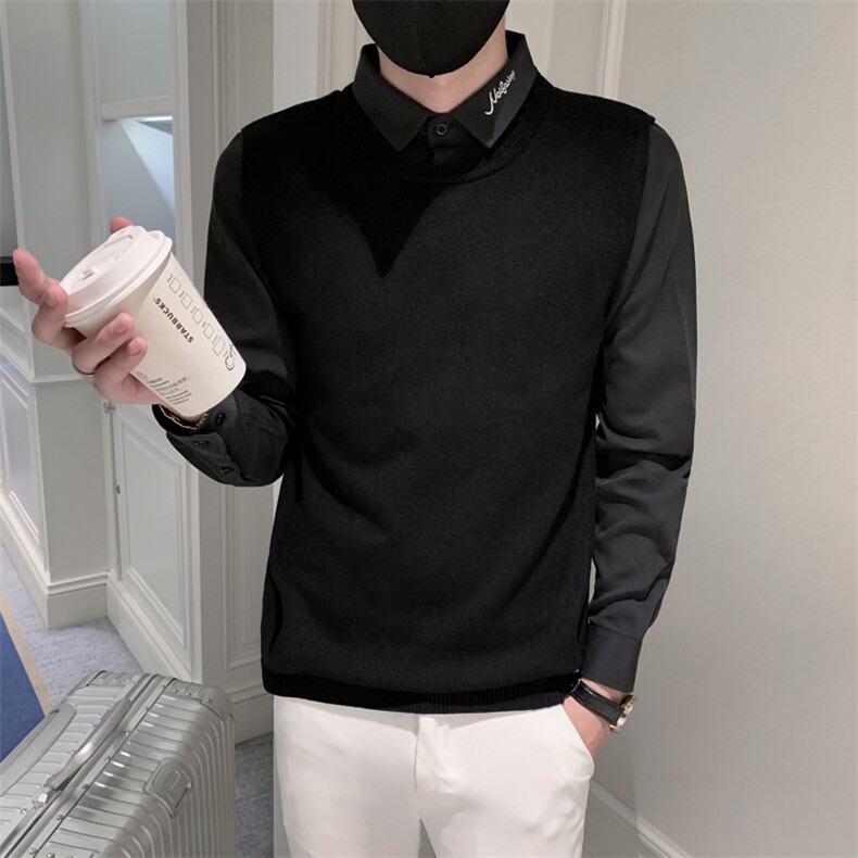 毛衣男士秋季新款打底衫修身长袖假两件青少年简约衬衫领针织衫,男装T恤,电商A327