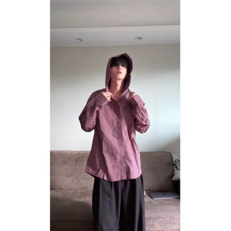 档口现货~纯棉小格子连帽男女夏季防晒长袖衬衫外套 C2500批58图片