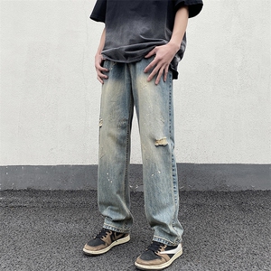 高街美式复古黄泥水洗破洞牛仔裤男XZ211-1-K2315-P55图片