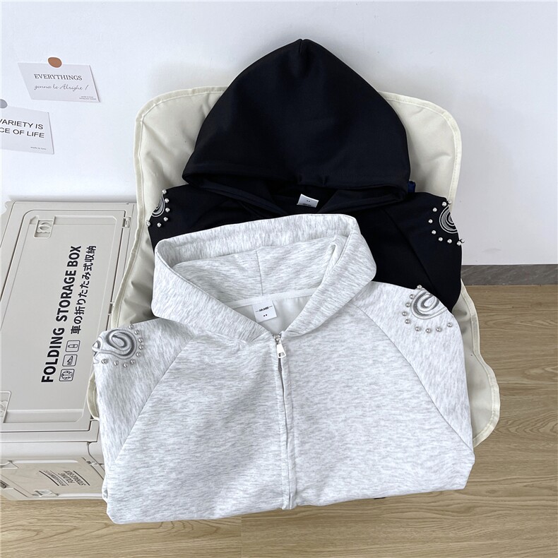美式复古铆钉刺绣连帽卫衣男女春秋宽松上衣潮牌外套W0222-P58,女装短外套,星座308B-2