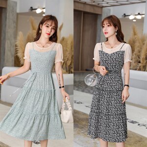 夏装新款拼接小清新碎花短袖连衣裙,女装连衣裙,梦中秋月
