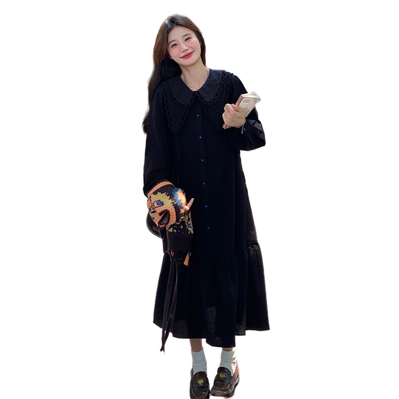慵懒松弛感娃娃领黑色衬衫裙女春秋2025新款今年流行的直筒连衣裙,女装连衣裙,C位