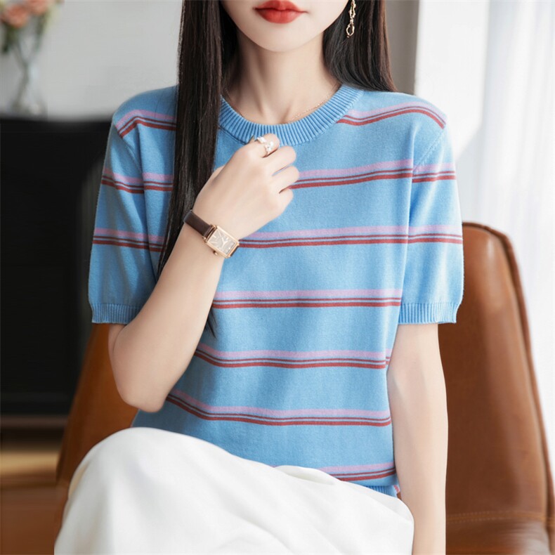 2025夏季新款圆领纯棉条纹针织短袖女宽松显瘦洋气休闲百搭上衣女,女装T恤,秋双羊绒
