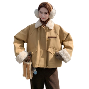 卡其色羊羔毛领拼接短款派克羽绒服女2025冬季小个子加厚保暖外套图片