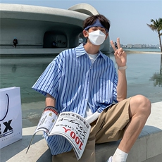 22港风条纹衬衫男短袖宽松夏天衬衣半袖上衣DX178P3555，男装T恤，电商B413-1