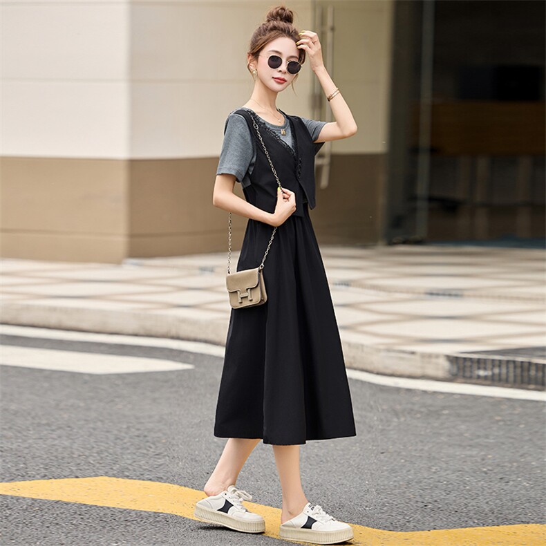 假两件短袖T恤马甲连衣裙女2025夏新款时尚休闲宽松显瘦减龄裙子,女装连衣裙,超帛