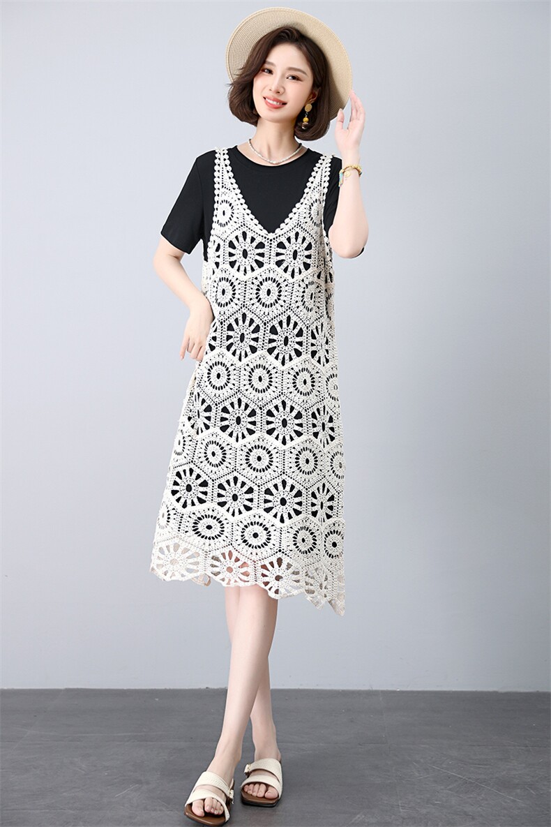 经典简约夏季三醋酸连衣裙女气质透气显瘦短袖中长款宽松裙,女装套装/套裙,江忆布依
