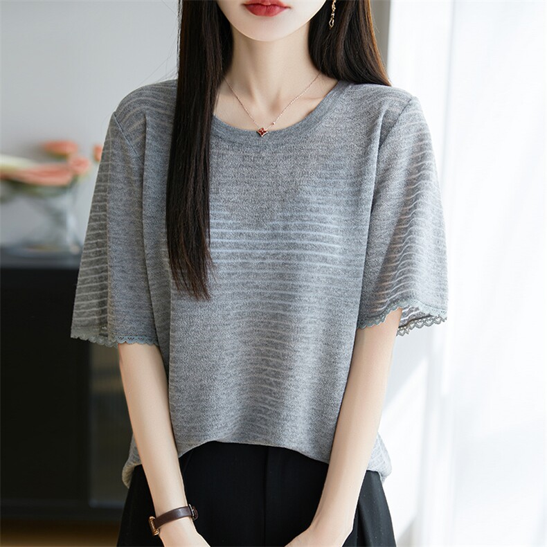 夏季新品2025韩版天丝半袖女圆领镂空大码短袖T恤女气质,针织衫/毛衣,唐诺