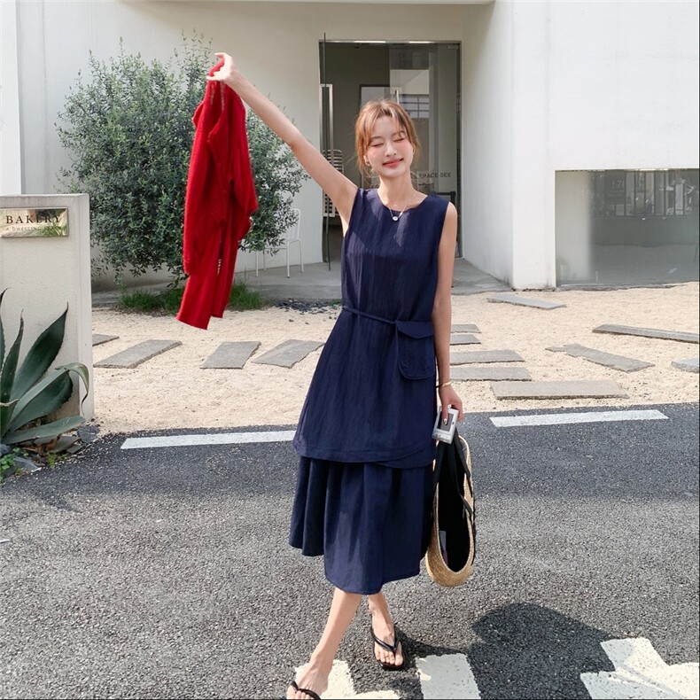 牛仔收腰无袖背心连衣裙女夏韩系显瘦气质长裙穿搭针织衫,女装连衣裙,2C233