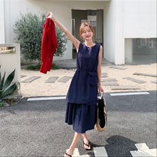 牛仔收腰无袖背心连衣裙女夏韩系显瘦气质长裙穿搭针织衫，女装连衣裙，2C233