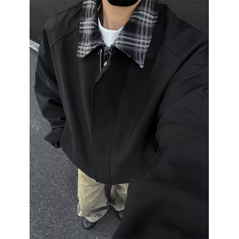 美式棕色假两件外套男春季巴恩风哈灵顿穿搭休闲翻领夹克,男装夹克,四季星座505