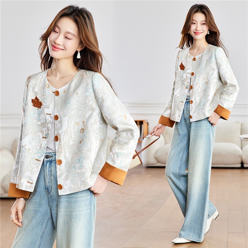 2026年春季民族风新中式圆领碎花撞色拼接外套，女装短外套，简韵佳