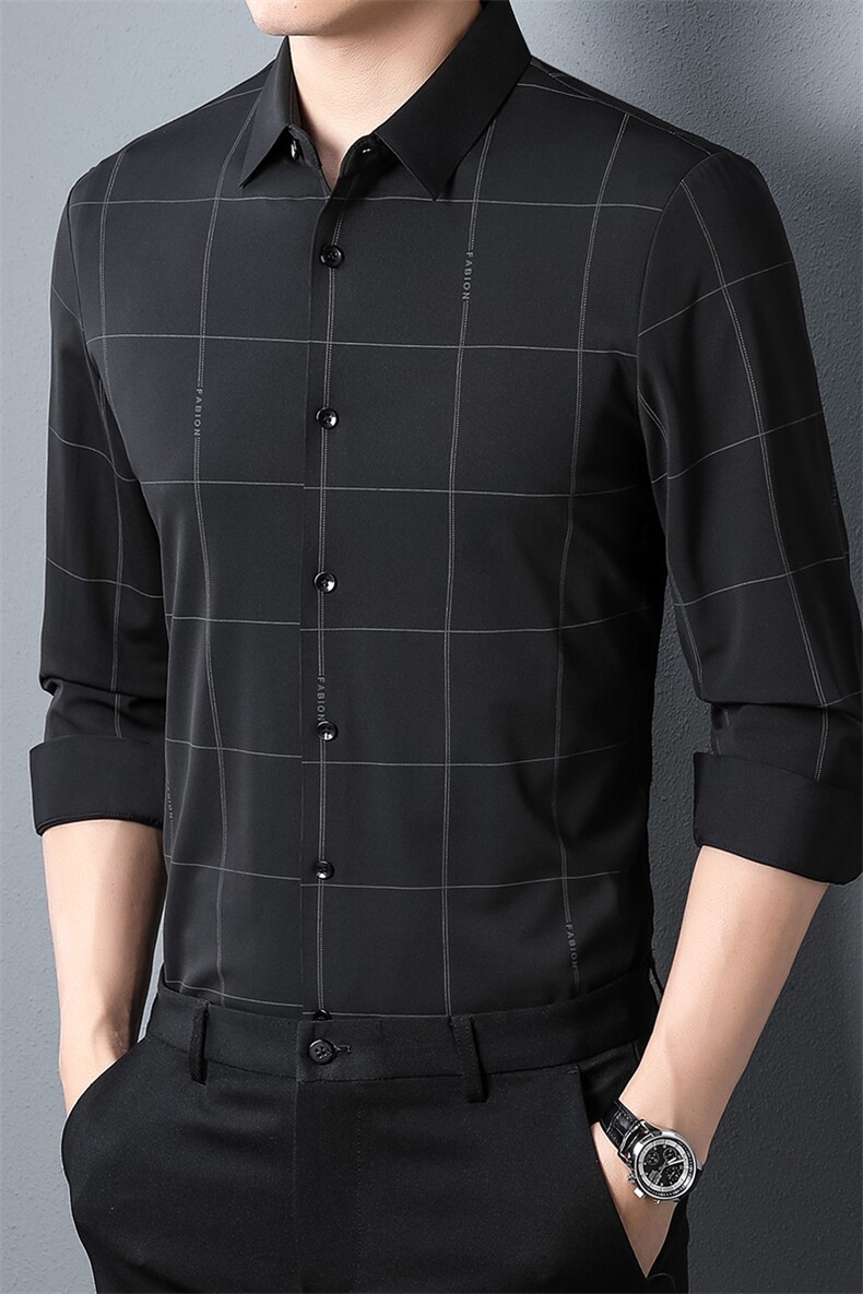 秋季中年宽松无痕衬衫男士长袖爸爸商务休闲春秋薄款格子上衣男装,男装衬衫,电商B212（原钱塘6029）