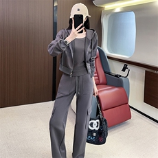 女秋时尚长袖圆领打底衣连帽外套阔腿裤三件套，女装套装/套裙，江南