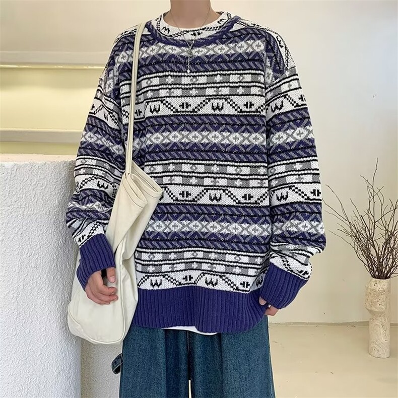 圆领毛衣男港味2023秋季复古日系涂鸦印花针织衫M135P40图片