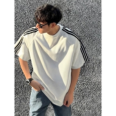 抖音得物品质二开240克宽松纯棉美式潮牌印花三条杠中性风短袖T恤，男装T恤，电商A486