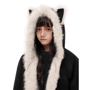 现货重磅硬挺boxy羽绒棉衣座山雕猫耳大毛毛领麂皮棉服冬外套图片