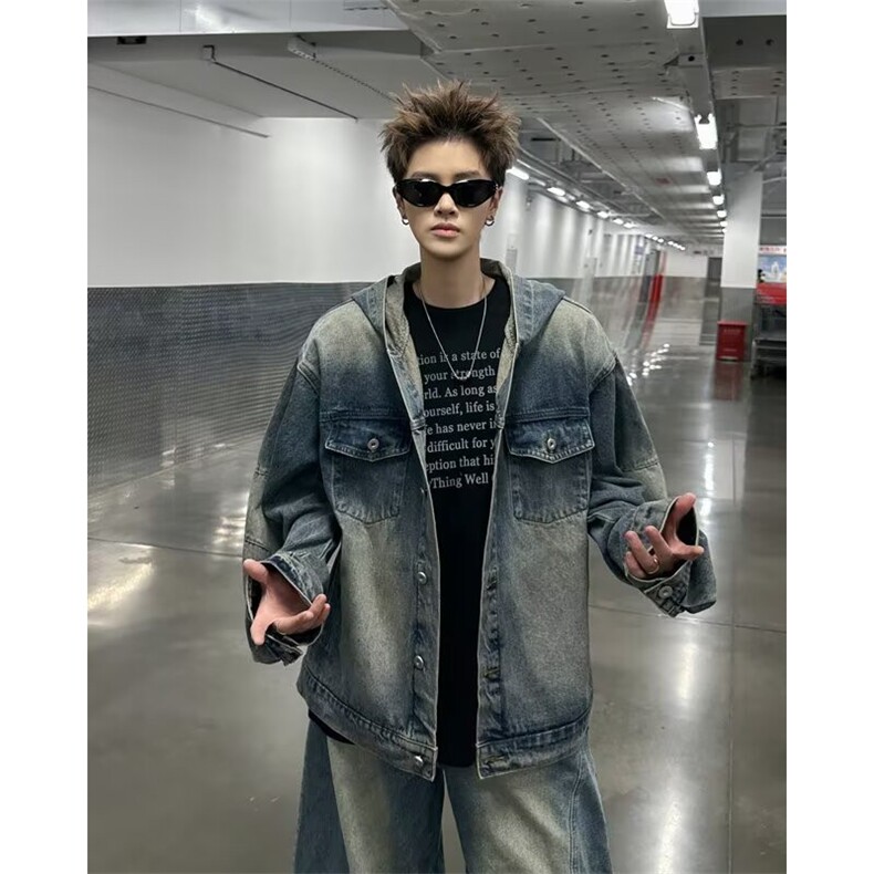 重工水洗做旧连帽牛仔外套男春秋季痞帅小众廓形宽松夹克8899P90,男装工装外套,星座410-2
