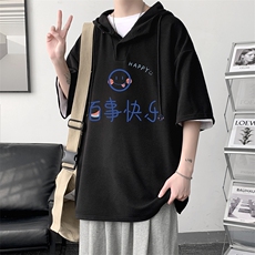 LD54183-P45连帽短袖t恤男大码胖子带帽五分袖中袖大皂风，男装T恤，电商A040