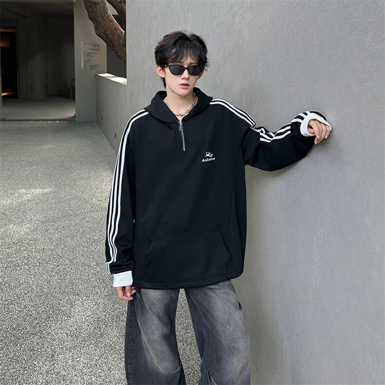 秋季宽松休闲连帽半拉链卫衣长袖条纹三条杠外套XZ808B-WH087-P48,女装短外套,星座808B