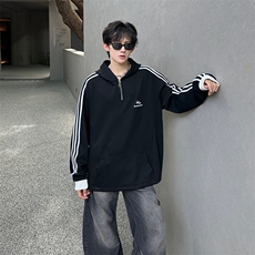 秋季宽松休闲连帽半拉链卫衣长袖条纹三条杠外套XZ808B-WH087-P48，女装短外套，星座808B