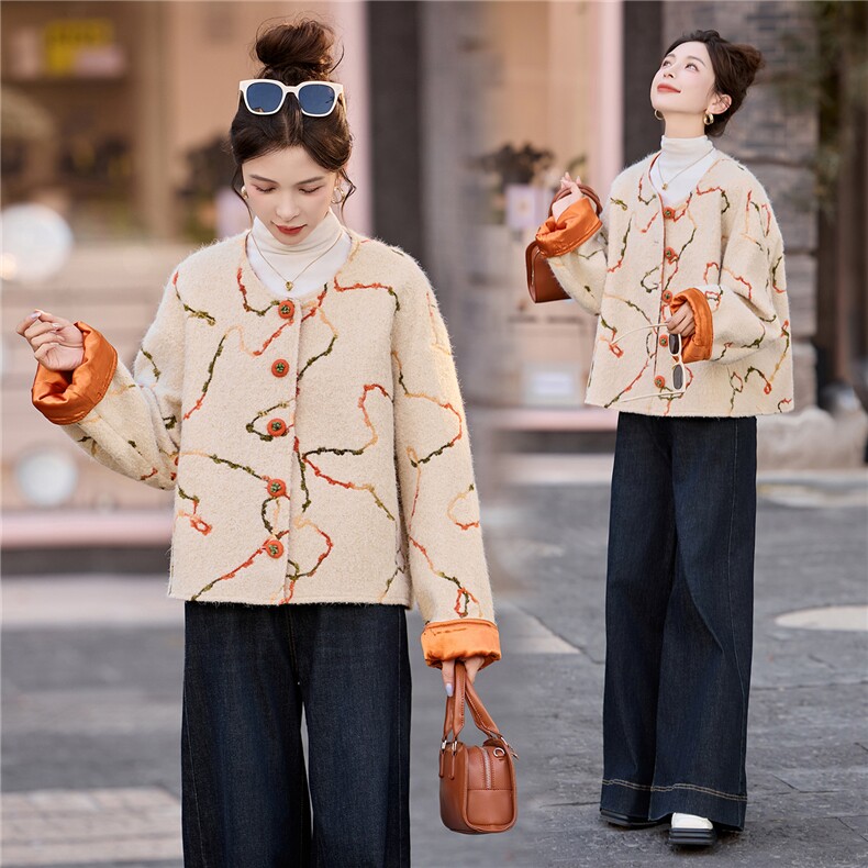 撞色提花单排扣毛呢外套女2025春秋新款高级轻奢小香风短款外套，女装毛呢外套，流量+