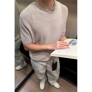 潮流新款百搭无品牌老钱风松弛透气圆领短袖针织衫气质 T1155图片