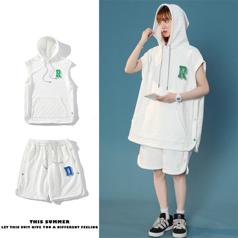 夏款T恤时尚中性风套装提花背心短裤两件套男女 8028-P90 控价118图片