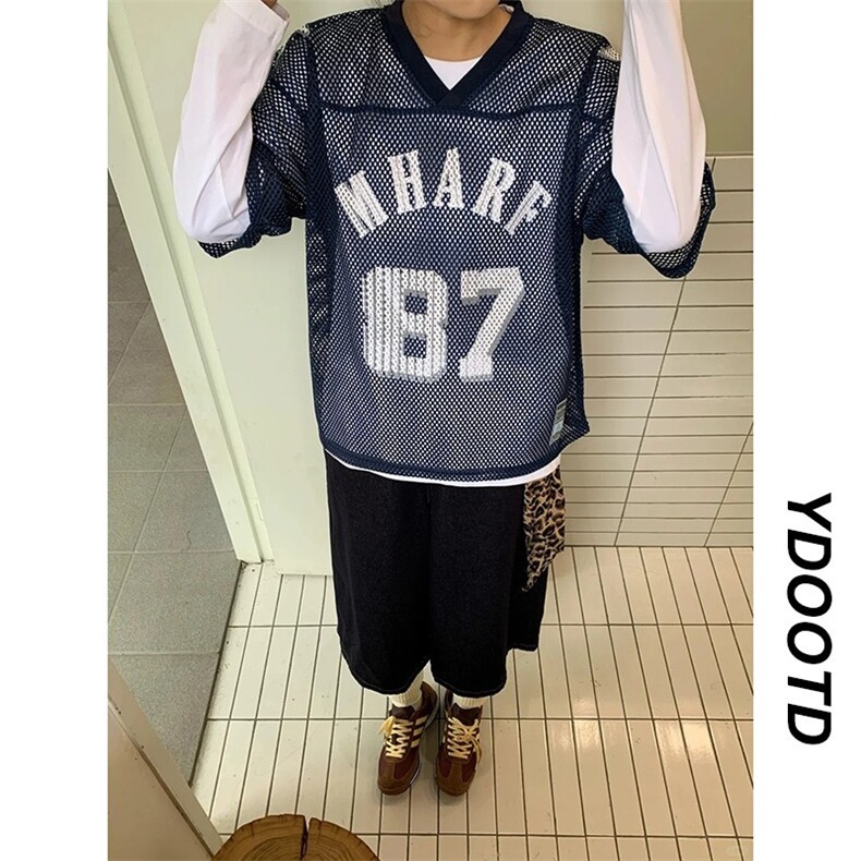 夏季藏青色87大网眼球衣美式街头复古印花球服短袖t恤男女夏季图片