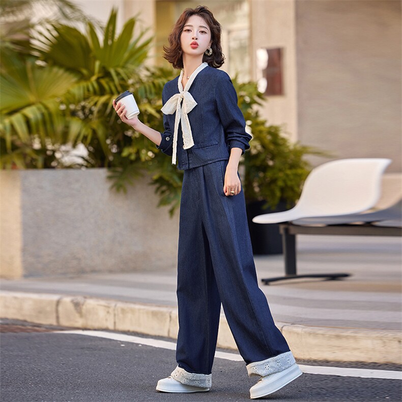 早秋穿搭一整套蝴蝶结牛仔套装女2024新款高腰小香风阔腿裤两件套,女装套装/套裙,橙子家