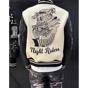 夹棉毛巾绣绣棒球服刺绣毛呢外套男PU皮拼接chic夹克J804,品牌流行酷奇男鞋搭配牛仔裤图片