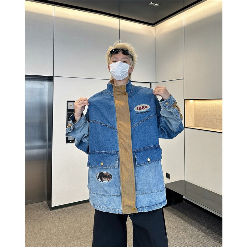 美式街头水洗牛仔外套男女拼接设计感工装夹克潮,男装夹克,星座716-4