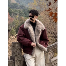 现货重磅硬挺boxy羽绒棉衣座山雕大毛毛领洗水麂皮棉服冬外套，男装棉衣，电商A486-1