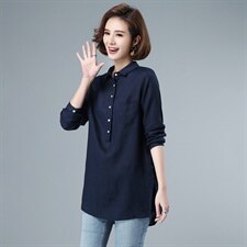 2021年秋季中长款亚麻衬衫女POLO领套头上衣衬衣拼接撞色透气衬衫，女装衬衫，伊满意