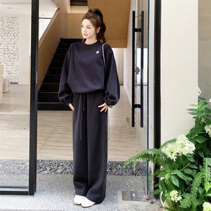 黑色休闲运动卫衣套装女2025秋季新款韩版慵懒风宽松阔腿裤两件套图片