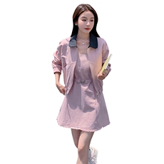 撞色翻领粉色外套连衣裙两件套女2024秋季新款韩系穿搭小个子套装，女装套装/套裙，2C088