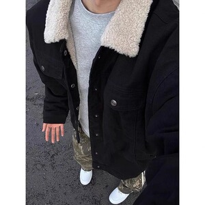 羊羔绒翻领加绒加厚牛仔外套男女款冬季保暖工装棉衣夹克 J59图片