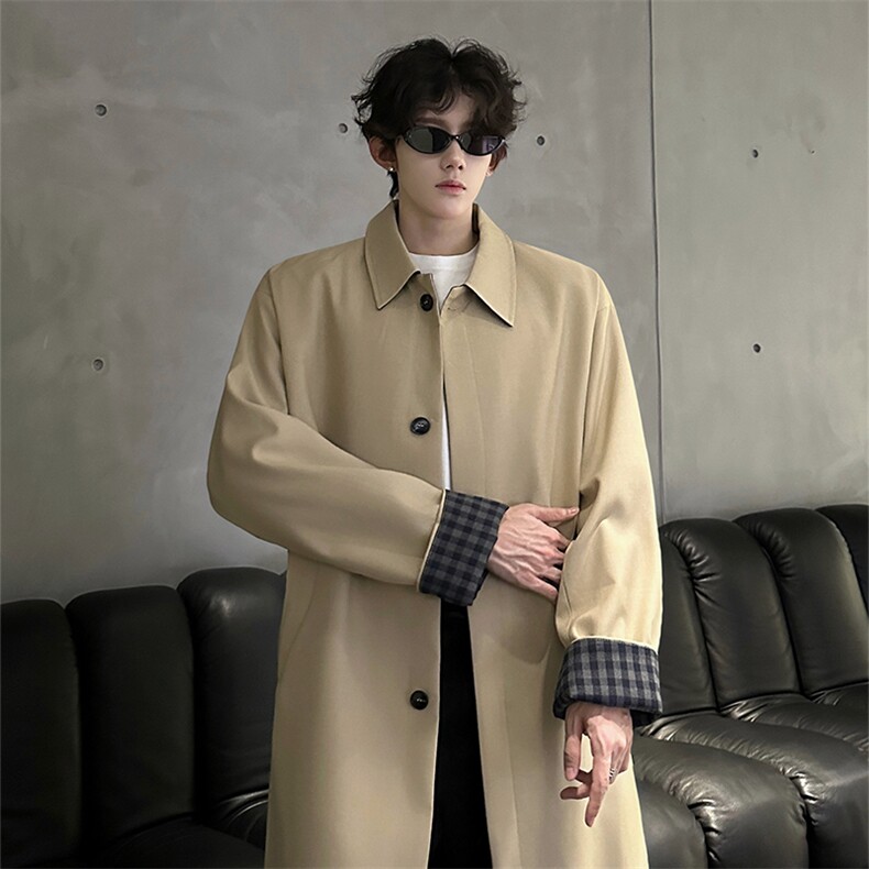 秋冬韩版宽松拼接格子外套潮中长款休闲风衣外套XZ811A-F196-P125，男装风衣，星座811A