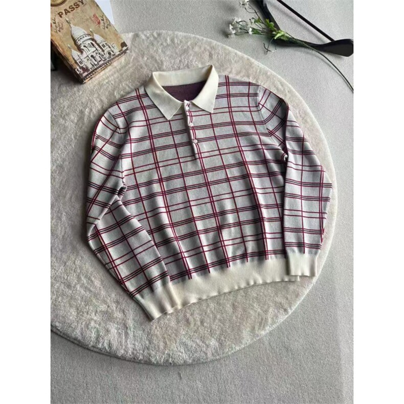 现货~老钱风红白格纹复古针织衫polo领cleanfit长袖MY2591批68,男装Polo衫,星座1411A-6