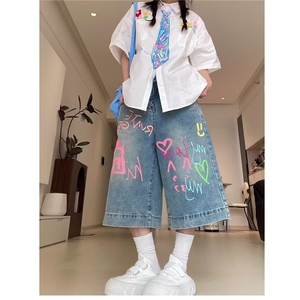 网图现货 美式复古宽松涂鸦七分牛仔裤女K04/特P40图片