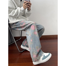 B221美式ins高街小众桃花宽松直筒牛仔裤LK24385-特P52控88，男装牛仔裤，电商B221