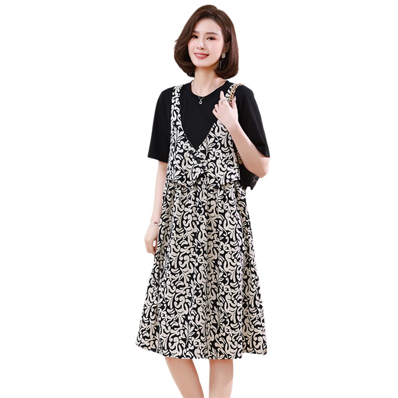时尚印花假两件宽松连衣裙显瘦遮肉大码女装,女装连衣裙,梦芯尔