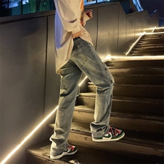 高街破洞牛仔裤男潮牌宽松休闲直筒复古时尚百搭阔腿裤，男装牛仔裤，星座410-7