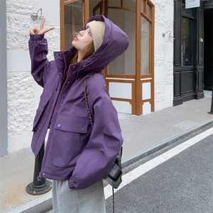 紫色设计感冲锋衣派克服羽绒棉服女冬季2025新款加厚加绒棉袄棉衣图片