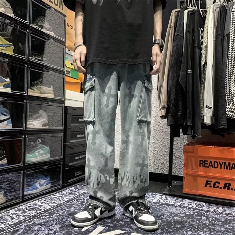 夏季潮长裤水洗做旧时尚宽松直筒青春流行多简约高腰牛仔裤K3309,男装休闲裤,星座1013