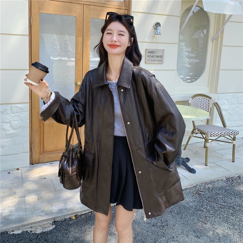 美式复古咖色翻领皮衣外套女春秋2025新款又酷又飒PU夹克流行爆款,女装皮衣,2C299