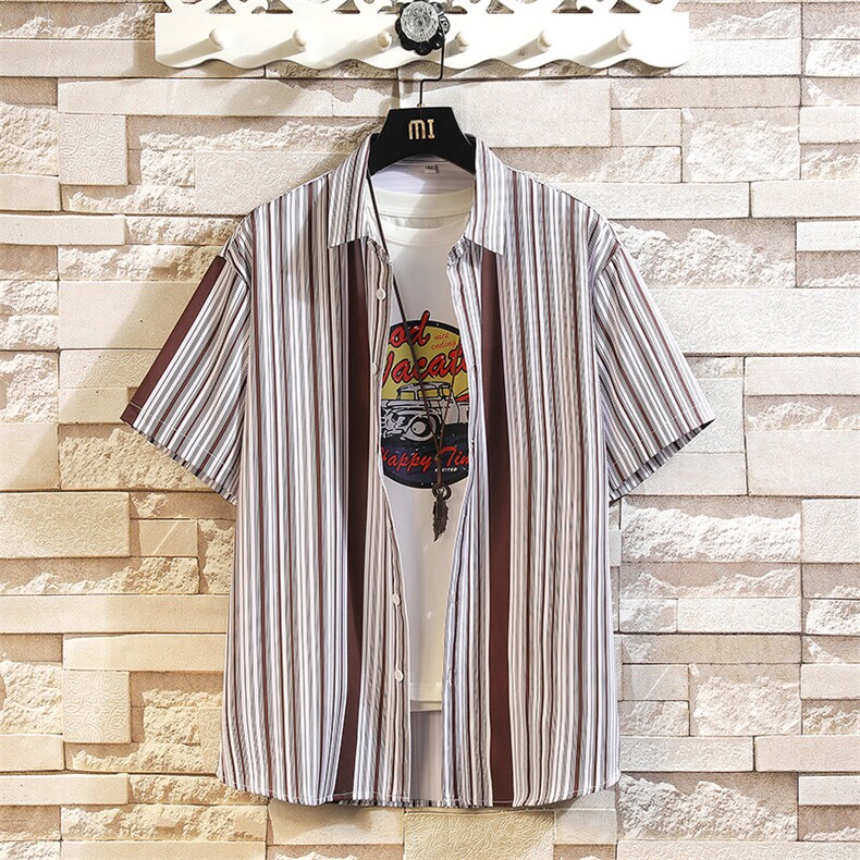 花衬衫男短袖夏季条纹休闲上衣服外套翻领大码衬衣A012/863P35,男装衬衫,电商A012