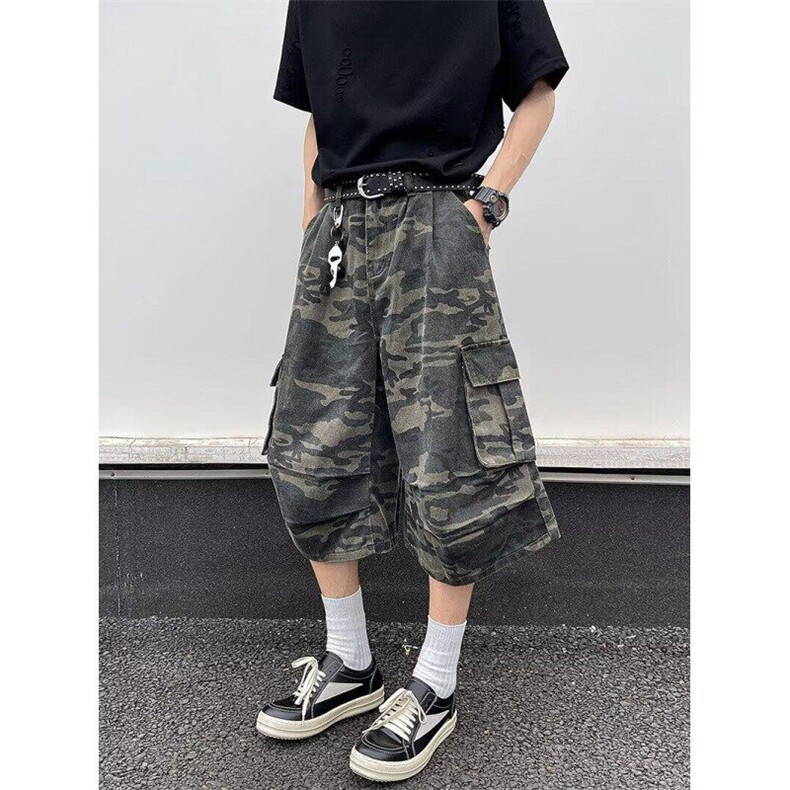 迷彩七分裤夏季美式复古高腰多口袋百搭宽松阔腿中裤子3410P53,男装牛仔裤,星座410-2