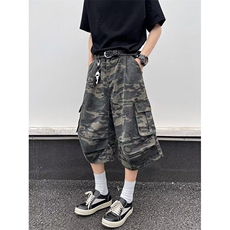 迷彩七分裤夏季美式复古高腰多口袋百搭宽松阔腿中裤子3410P53，男装牛仔裤，星座410-2
